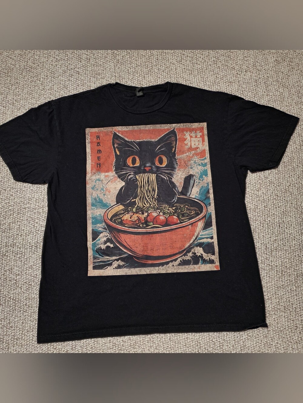 Black Cat Tee Ramen Illustration - Orange/Blue Accents